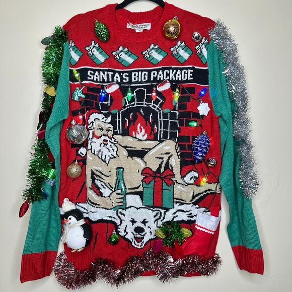 Ugly Christmas Sweater Naughty Santa LIGHTS UP Tinsel Xmas Party Winner Medium - Picture 1 of 5